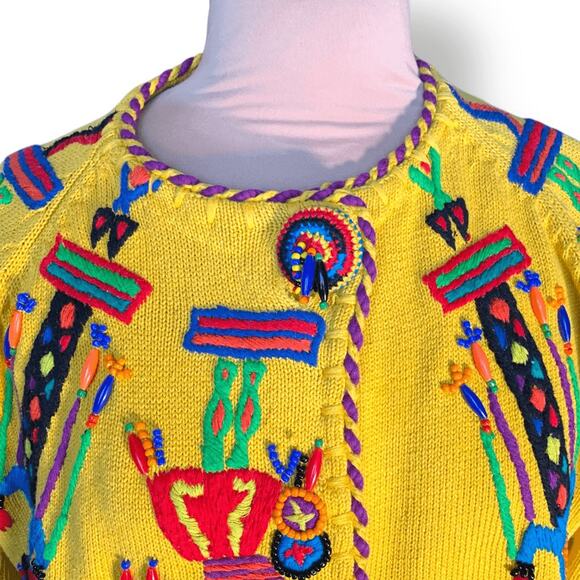 Vintage 90s Michael Simon Henri Bendel Yellow Beaded Abstract Cardigan Large - Picture 3 of 15